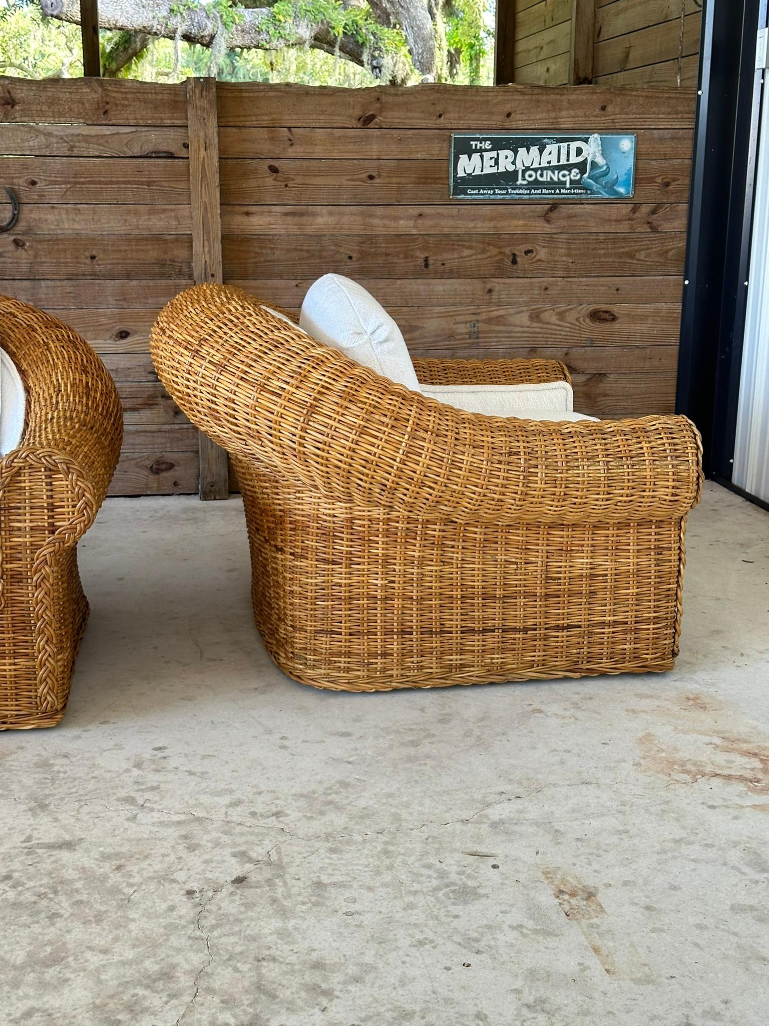 Vintage Coastal Boho Large Braid Rattan Lounge Chairs Custom Upholstered 7