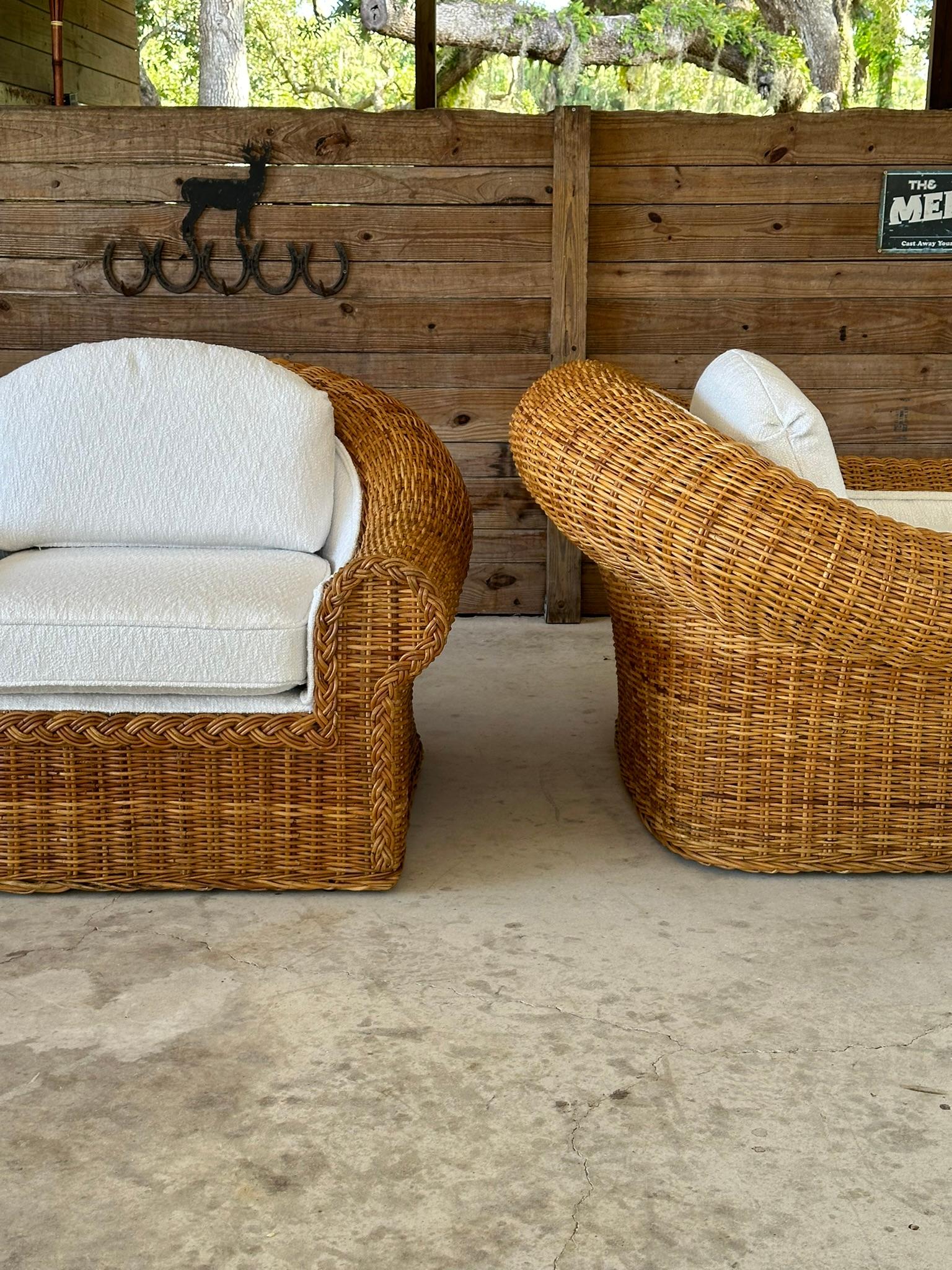 Vintage Coastal Boho Large Braid Rattan Lounge Chairs Custom Upholstered 8