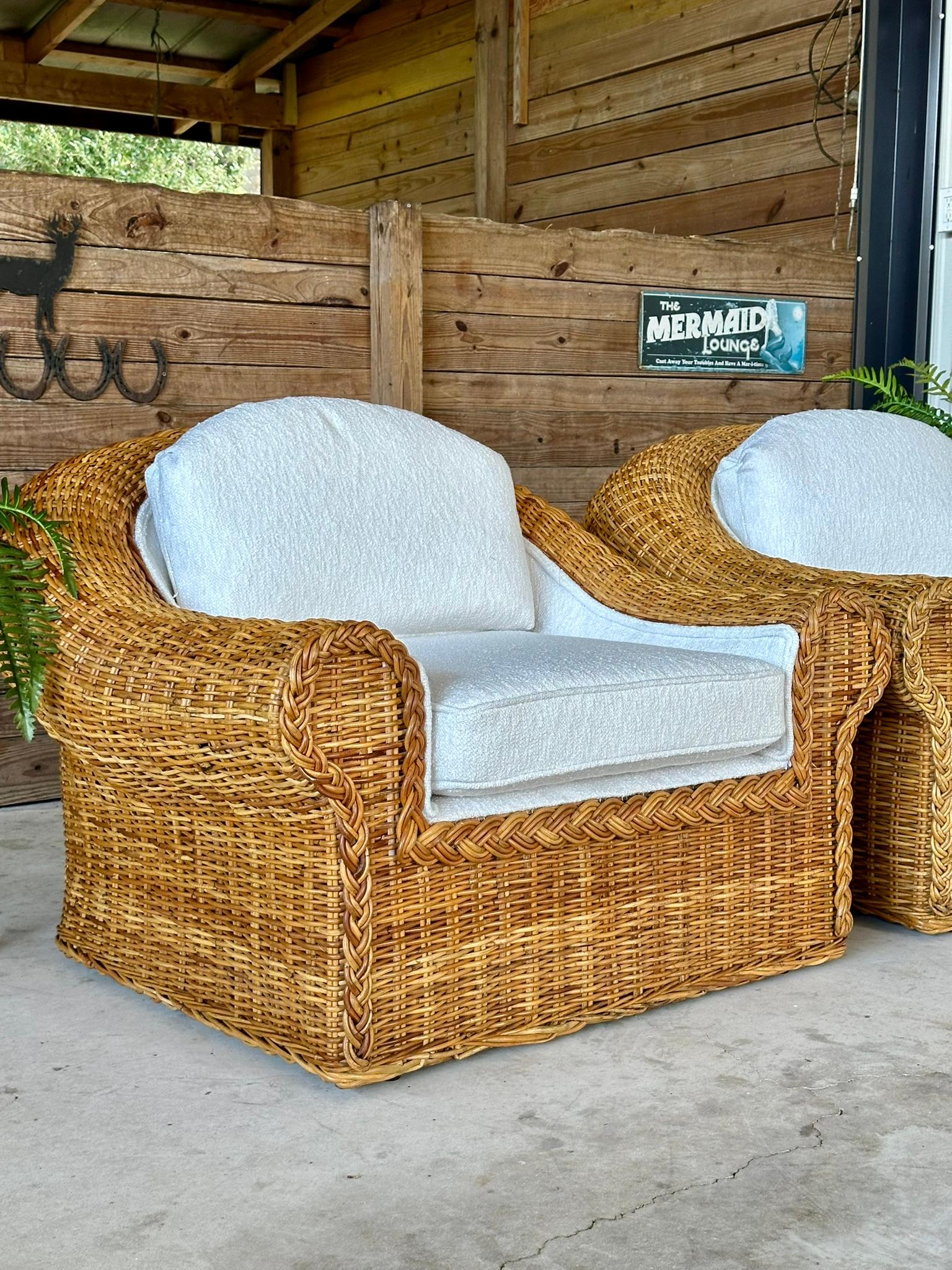 Vintage Coastal Boho Large Braid Rattan Lounge Chairs Custom Upholstered 10