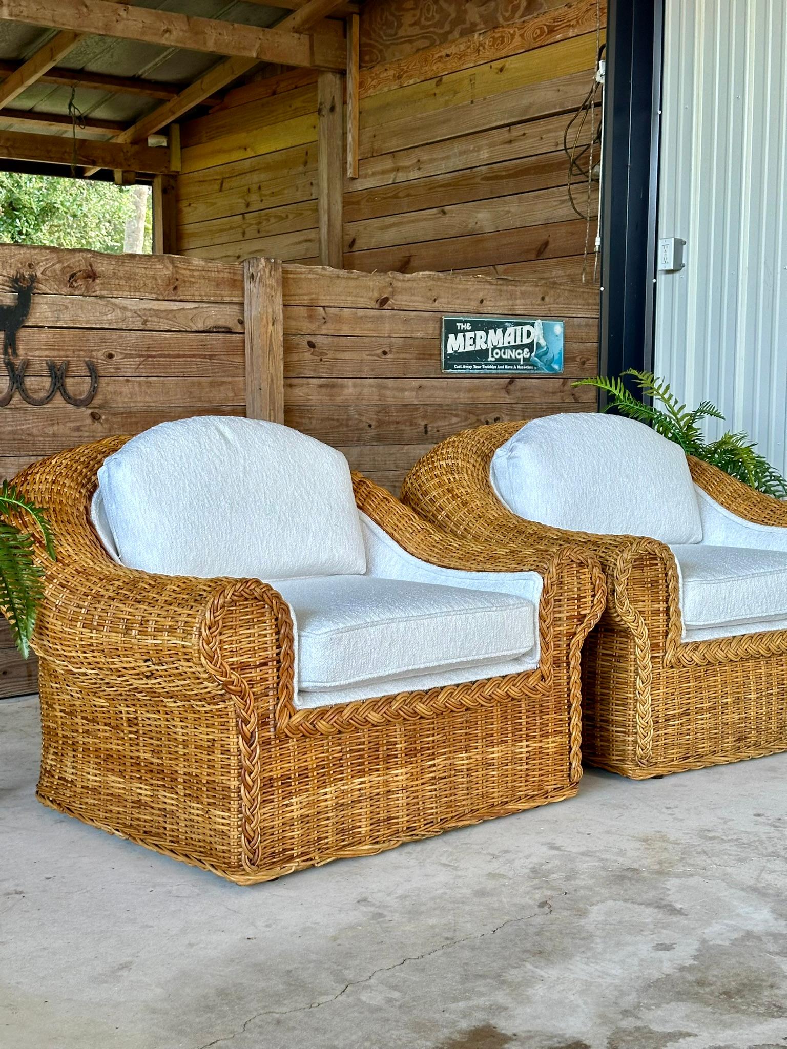 Vintage Coastal Boho Large Braid Rattan Lounge Chairs Custom Upholstered 11