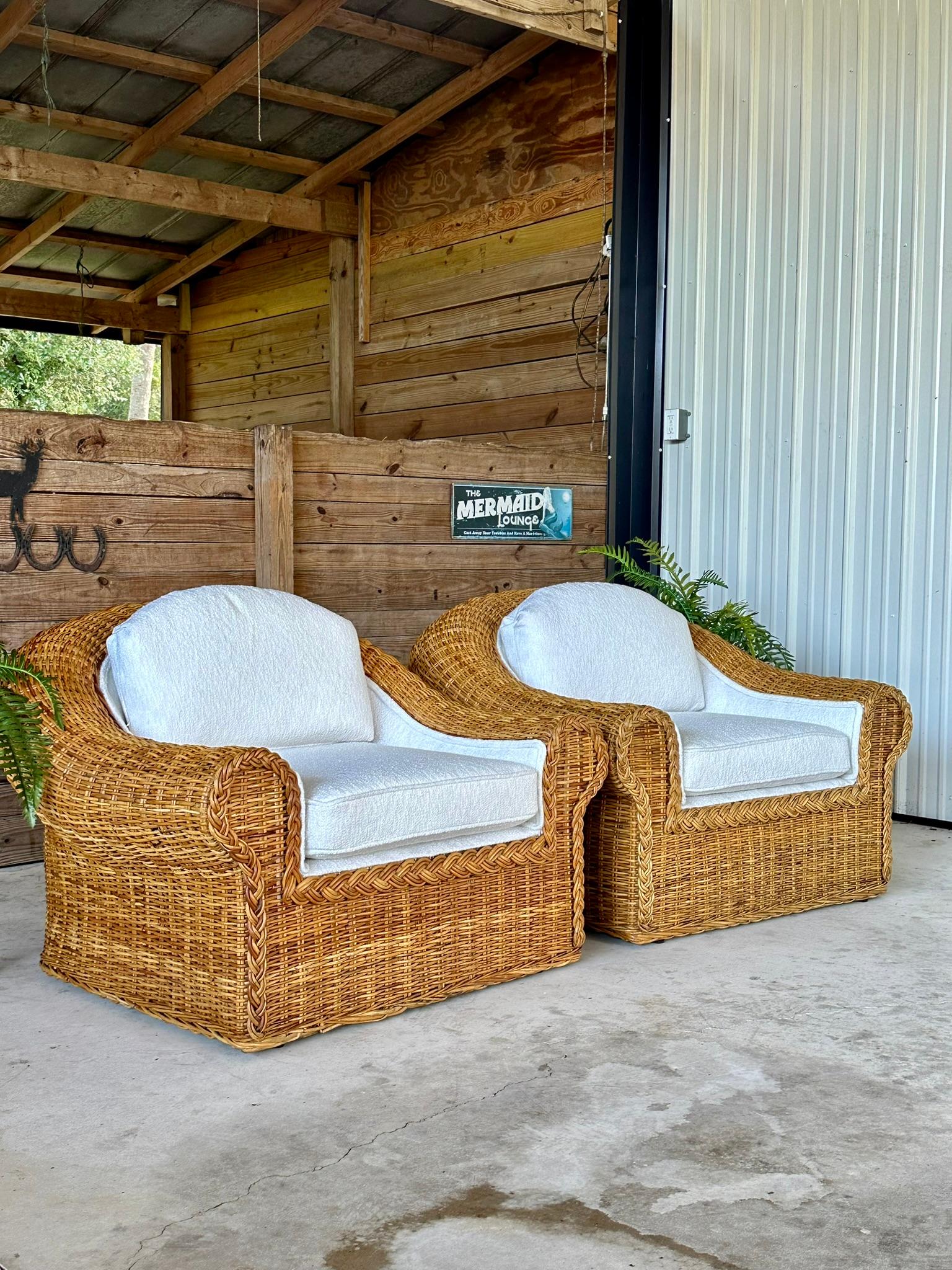 Vintage Coastal Boho Large Braid Rattan Lounge Chairs Custom Upholstered 12