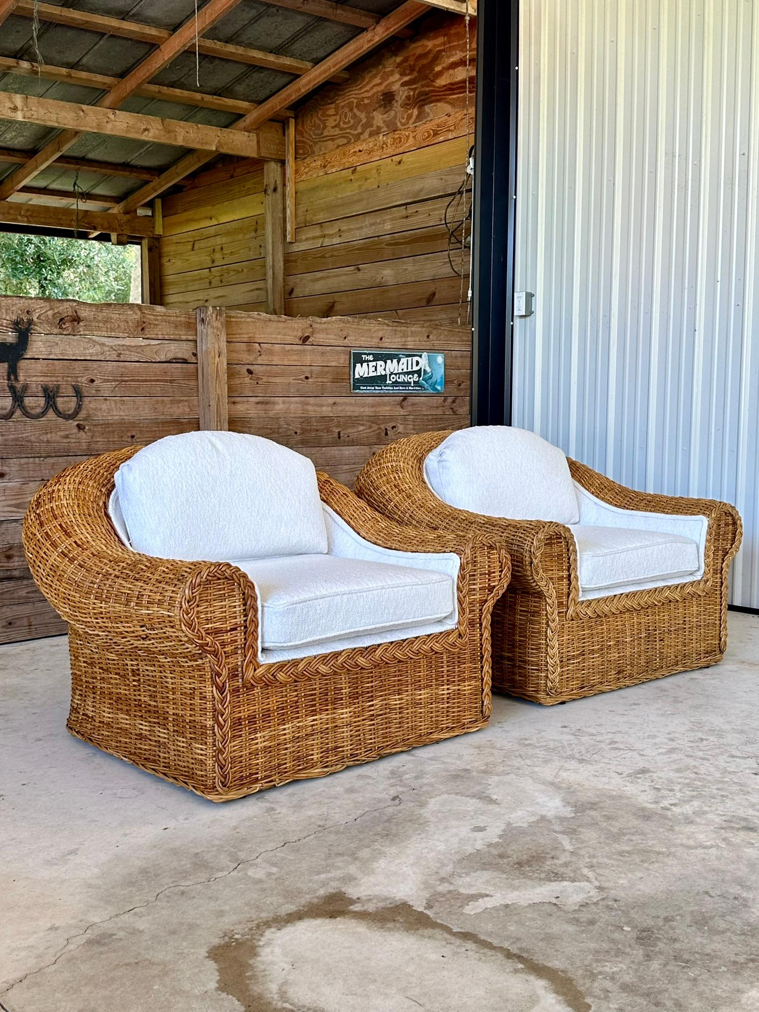 Bohemian Vintage Coastal Boho Large Braid Rattan Lounge Chairs Custom Upholstered