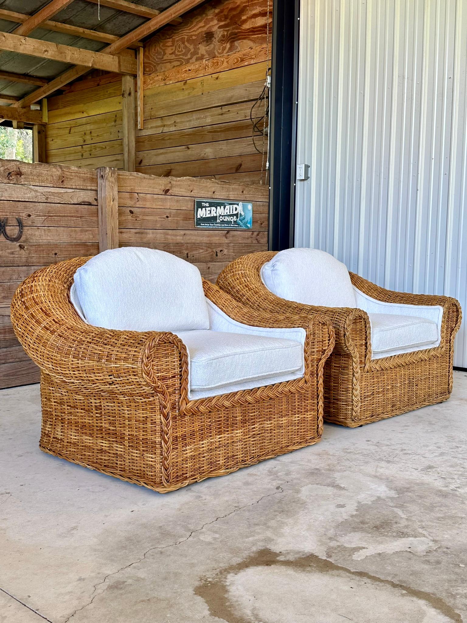 Philippine Vintage Coastal Boho Large Braid Rattan Lounge Chairs Custom Upholstered