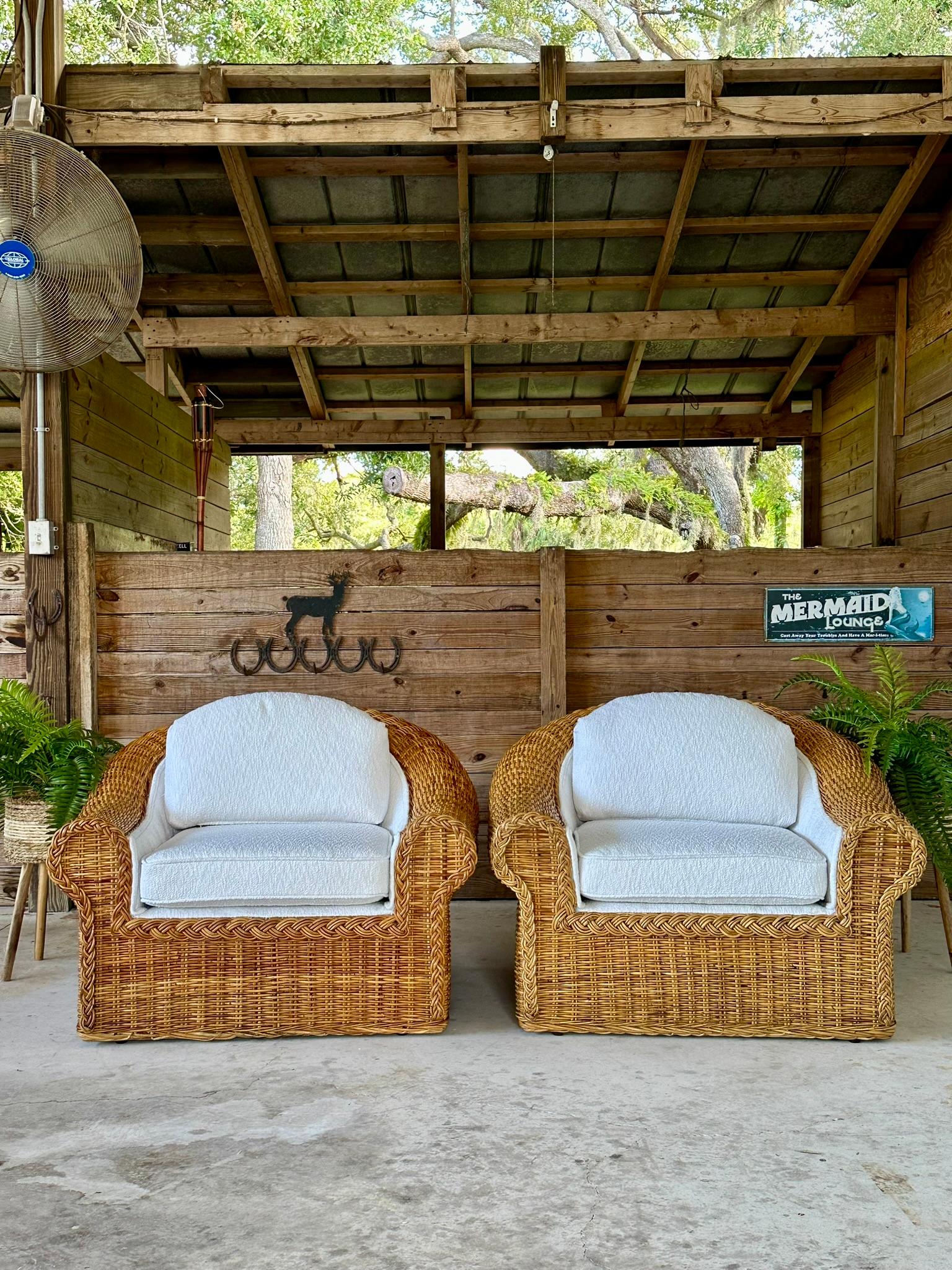 Vintage Coastal Boho Large Braid Rattan Lounge Chairs Custom Upholstered 1