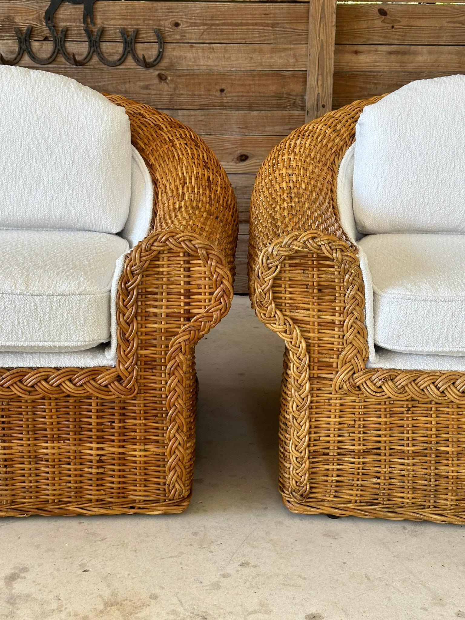 Vintage Coastal Boho Large Braid Rattan Lounge Chairs Custom Upholstered 2