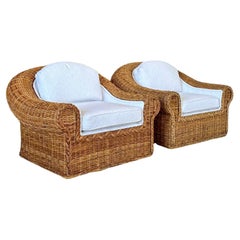 Vintage Coastal Boho Large Braid Rattan Lounge Chairs Custom Upholstered