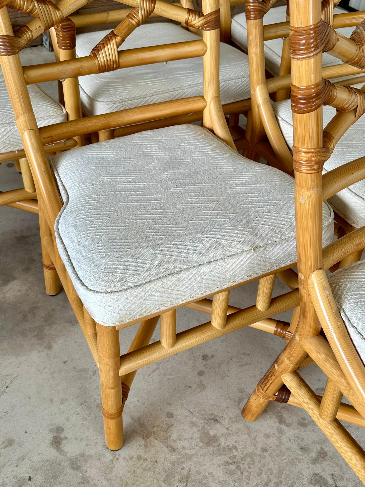 Late 20th Century Vintage coastal Boho Rattan Chippendale Dining chairs by Clark Casual Furniture