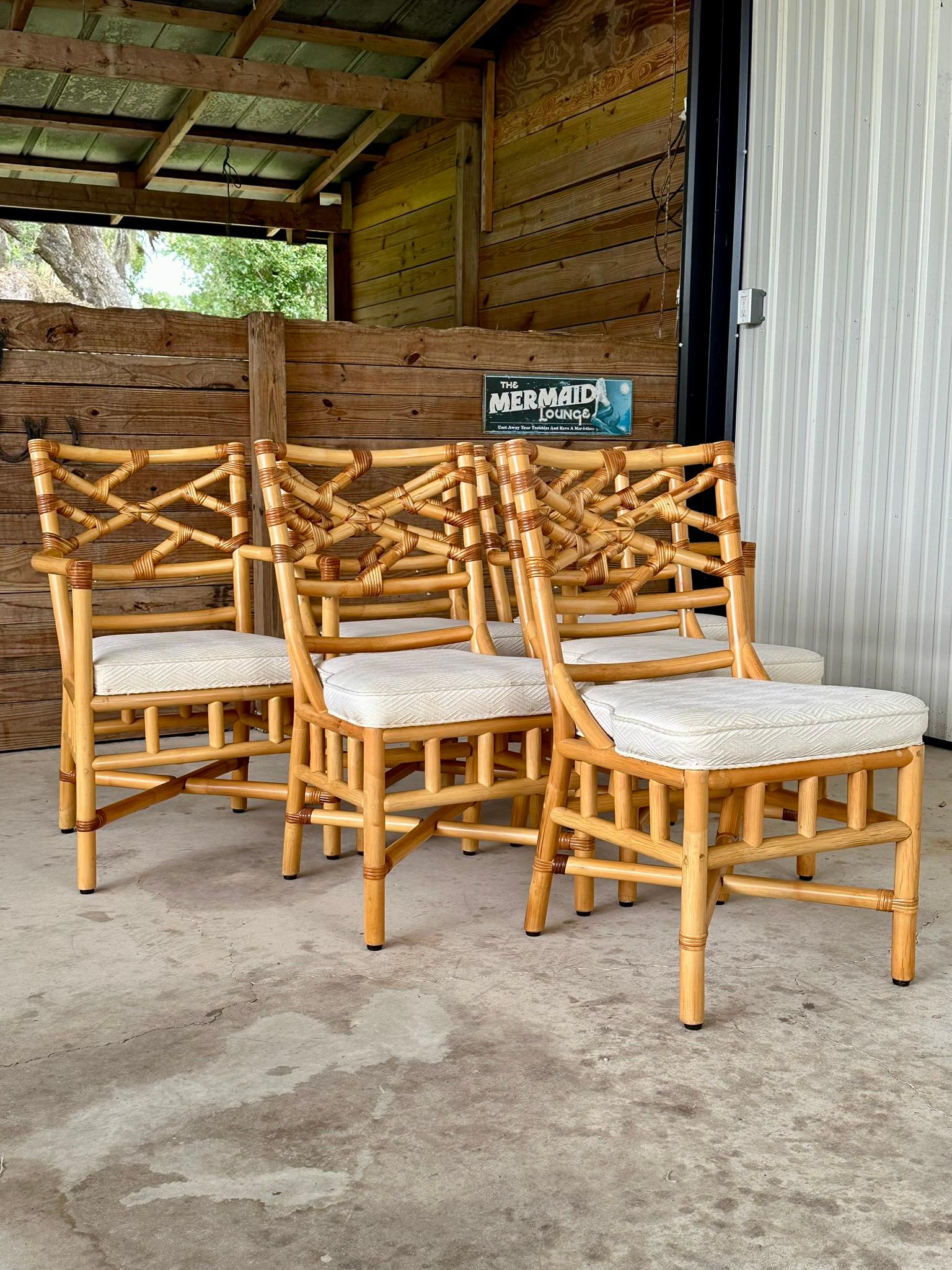 Vintage coastal Boho Rattan Chippendale Dining chairs by Clark Casual Furniture 1