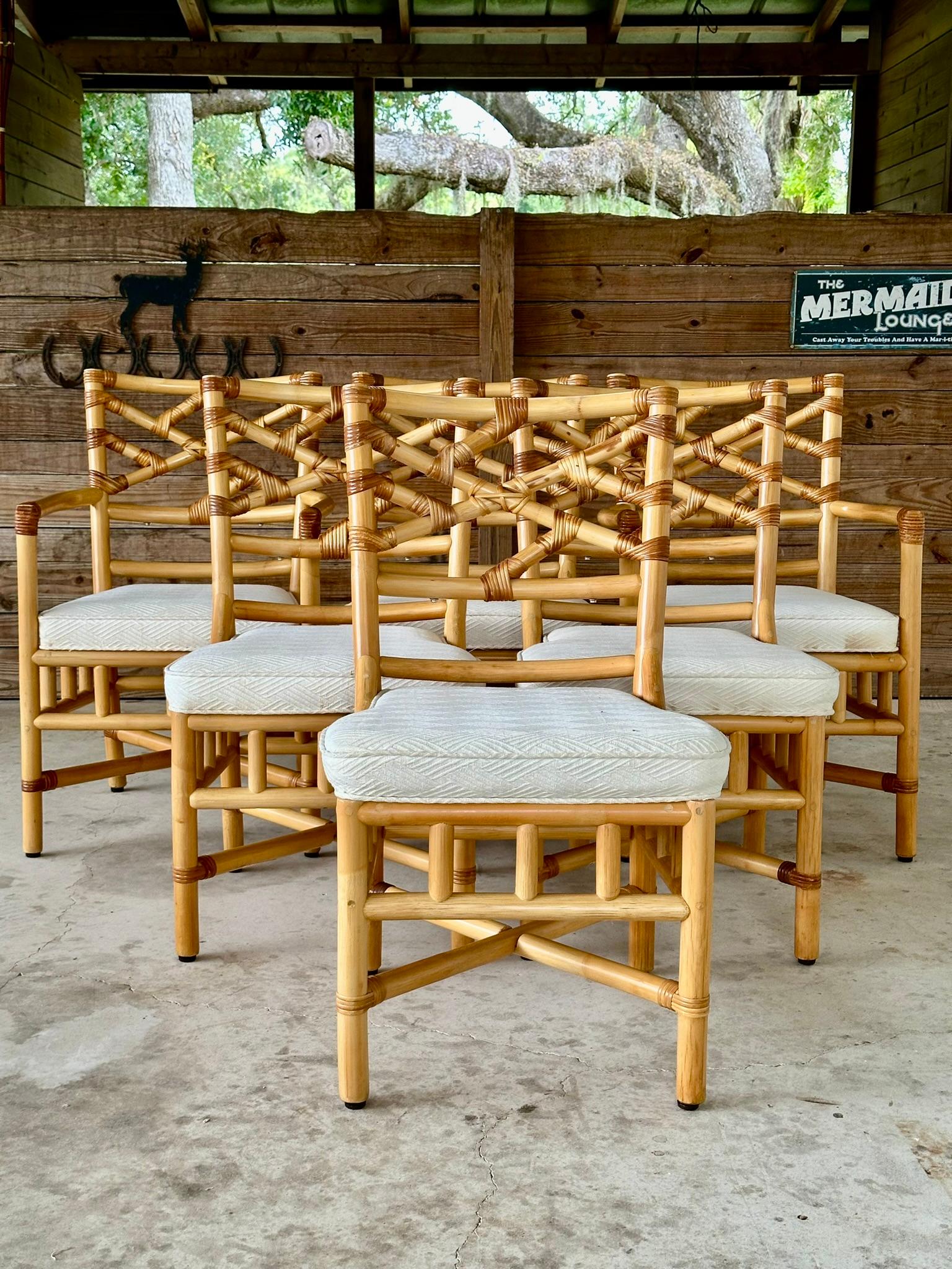 Vintage coastal Boho Rattan Chippendale Dining chairs by Clark Casual Furniture 2