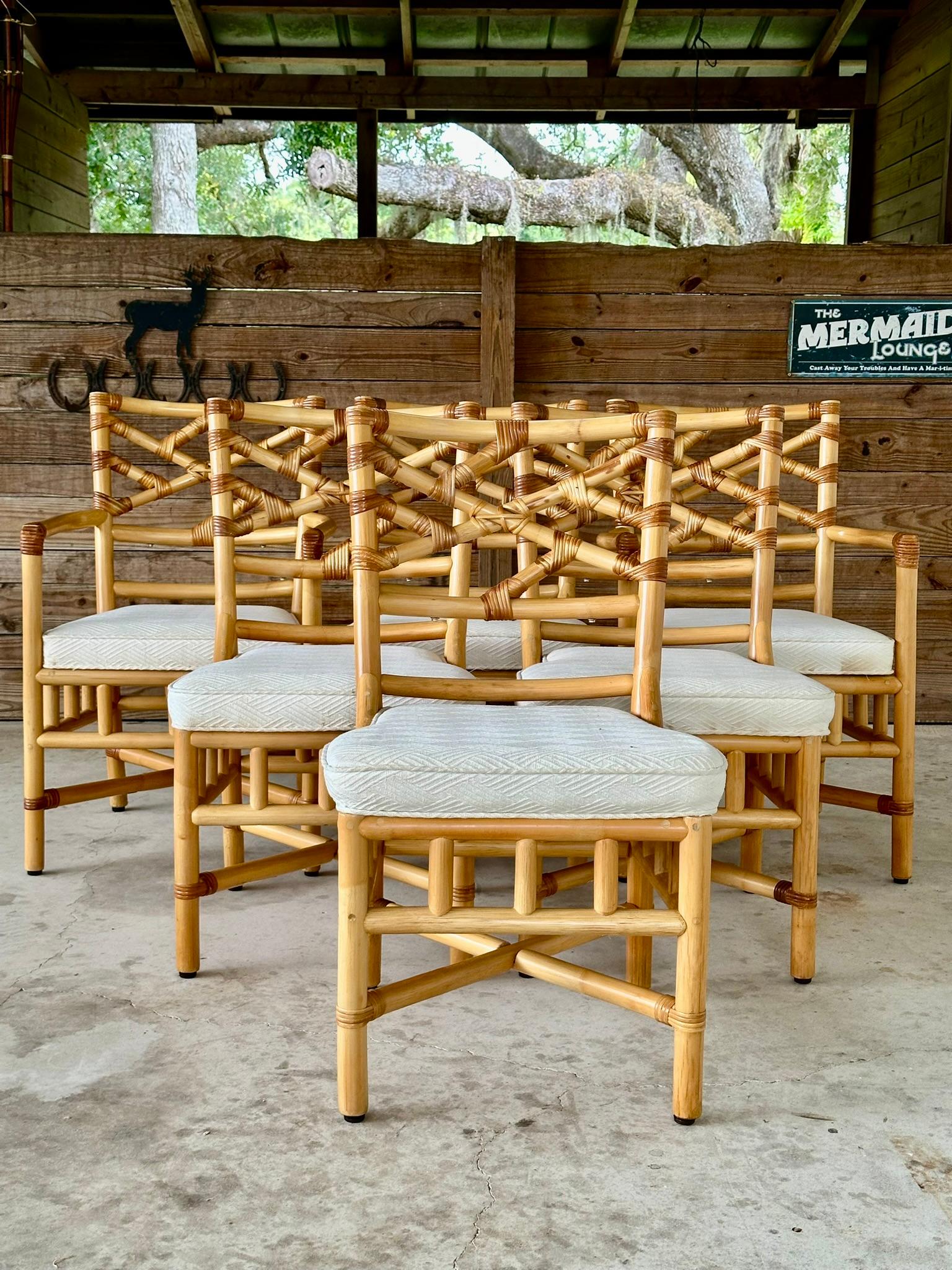 Vintage coastal Boho Rattan Chippendale Dining chairs by Clark Casual Furniture 3