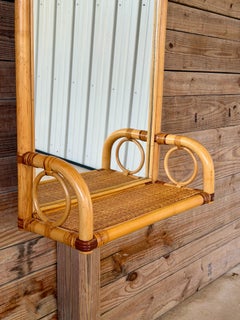 Vintage Coastal Boho Rattan Fan Back Wall Mirror With Woven Shelf