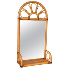 Vintage Coastal Boho Rattan Fan Back Wall Mirror With Woven Shelf