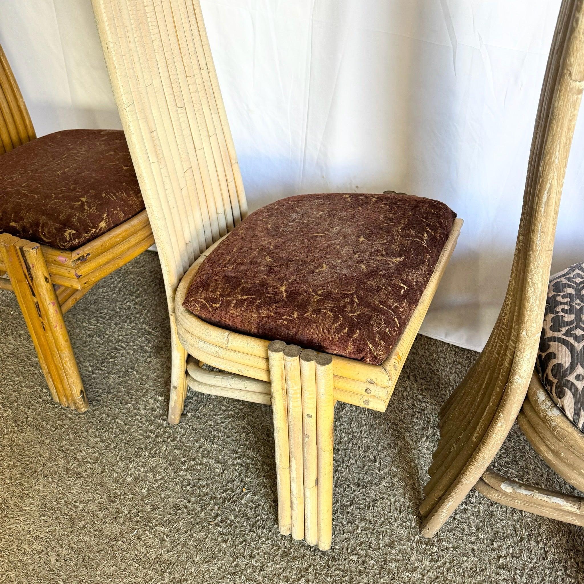 Vintage Coastal Boho Rattan hohe Rückenlehne Esszimmerstühle - Satz von 3 (Philippinisch) im Angebot