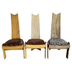 Vintage Coastal Boho Rattan High Back Dining Chairs - Set of 3