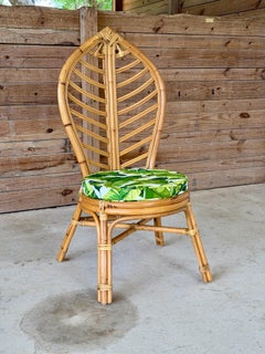 Vintage Coastal Boho Rattan Leaf Back Side Chair With Custom Tropical Cushion