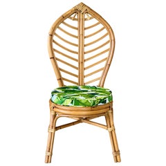 Vintage Coastal Boho Rattan Leaf Back Side Chair With Custom Tropical Cushion