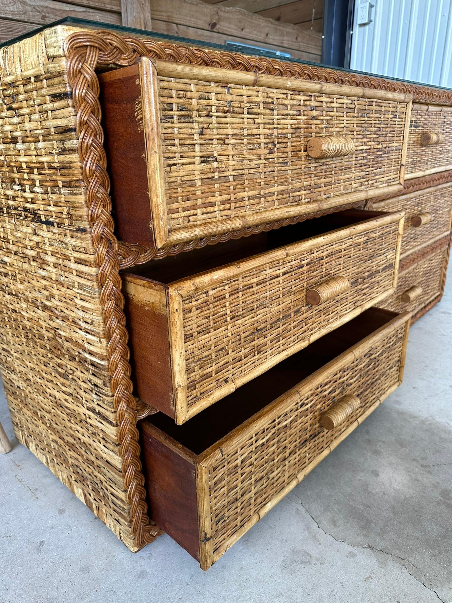 Vintage Coastal Boho Rattan Weave Braided Refinished Six Drawer Dresser 6