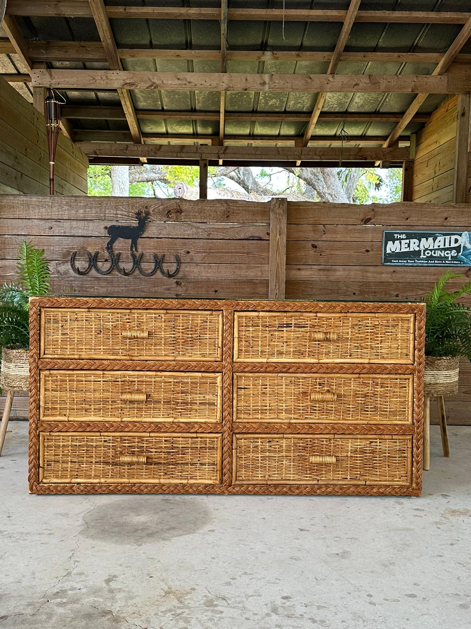 Vintage Coastal Boho Rattan Weave Braided Refinished Six Drawer Dresser 8