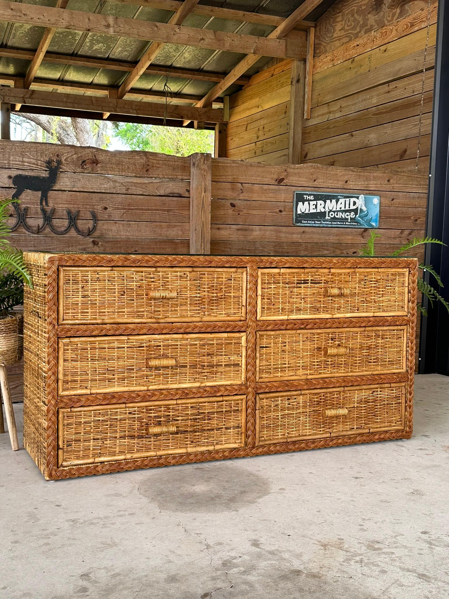 Vintage Coastal Boho Rattan Weave Braided Refinished Six Drawer Dresser 9