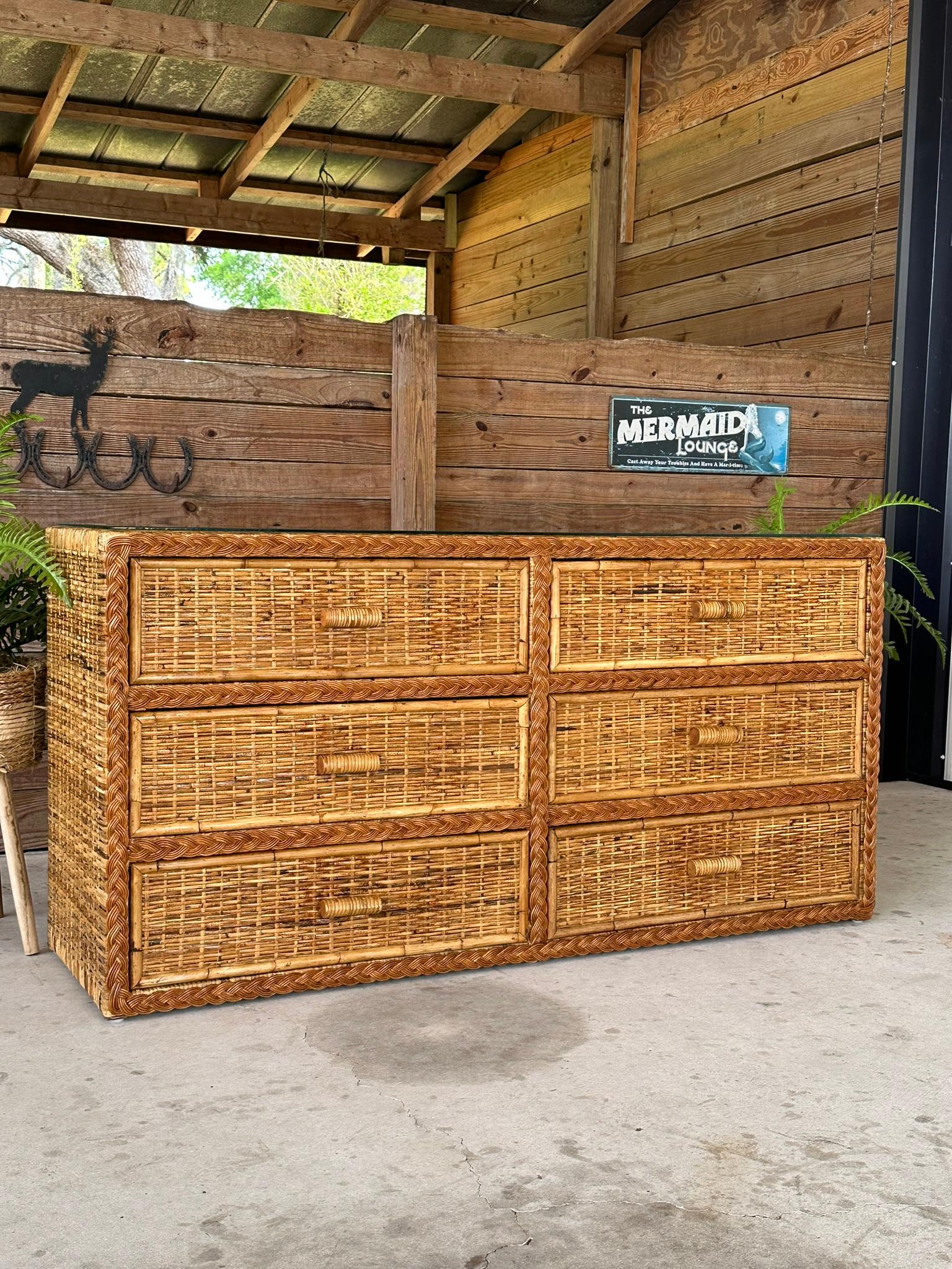 Vintage Coastal Boho Rattan Weave Braided Refinished Six Drawer Dresser 10