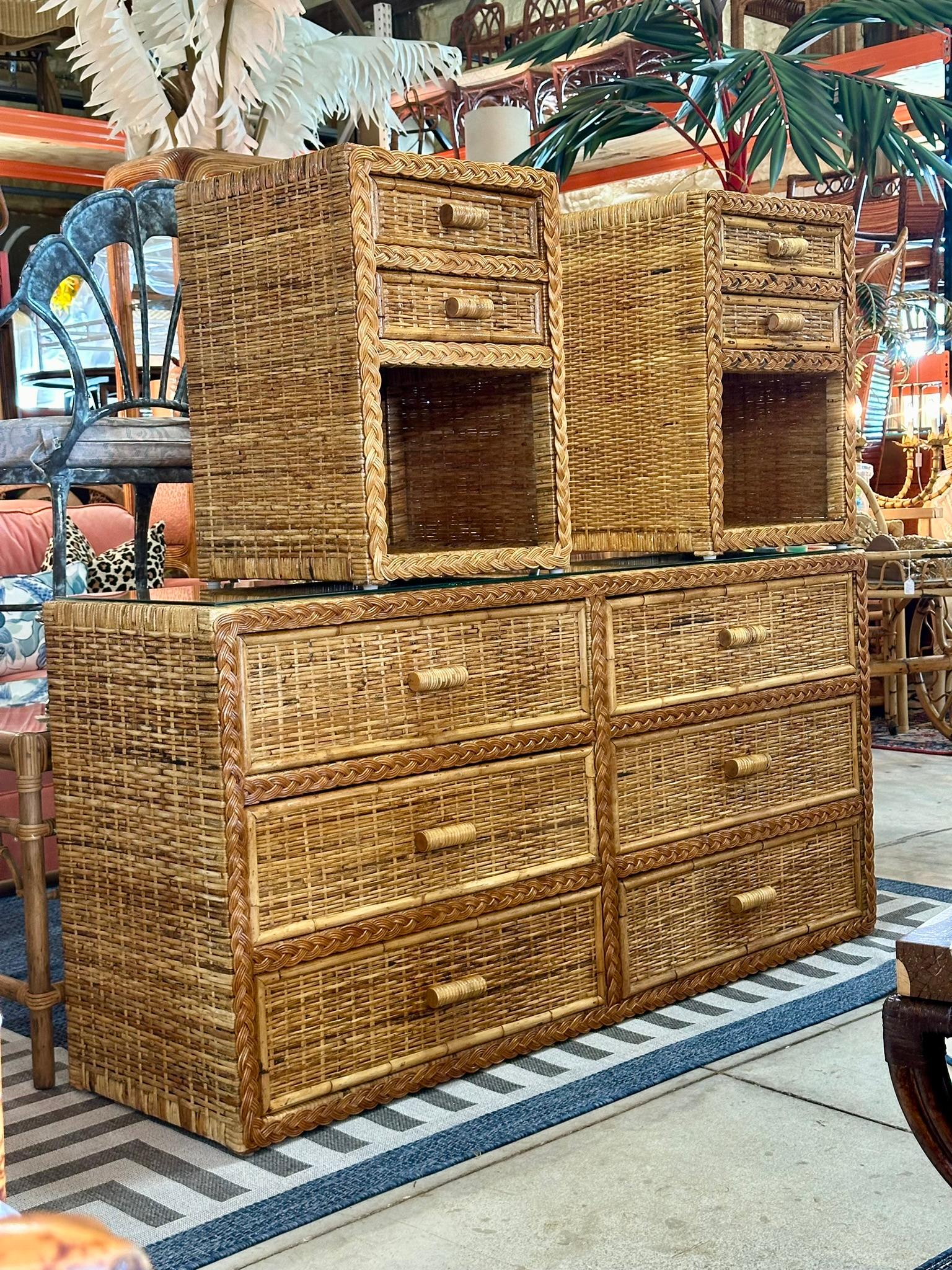 Vintage Coastal Boho Rattan Weave Braided Refinished Six Drawer Dresser 11