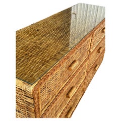 Vintage Coastal Boho Rattan Weave Braided Refinished Six Drawer Dresser