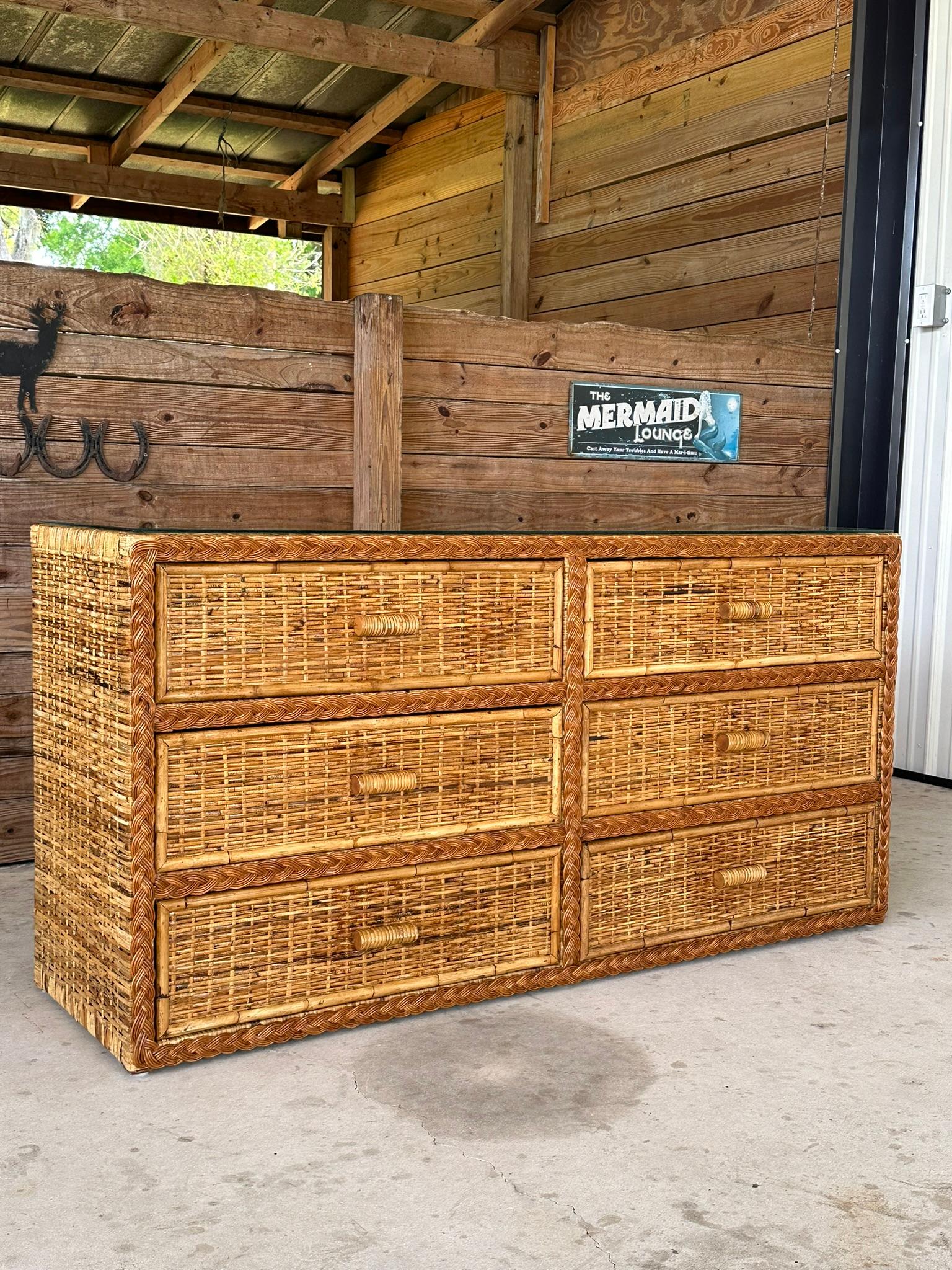 Hand-Crafted Vintage Coastal Boho Rattan Weave Braided Refinished Six Drawer Dresser