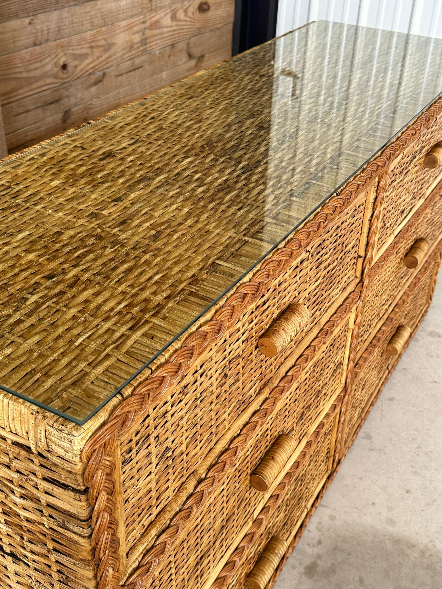 Late 20th Century Vintage Coastal Boho Rattan Weave Braided Refinished Six Drawer Dresser