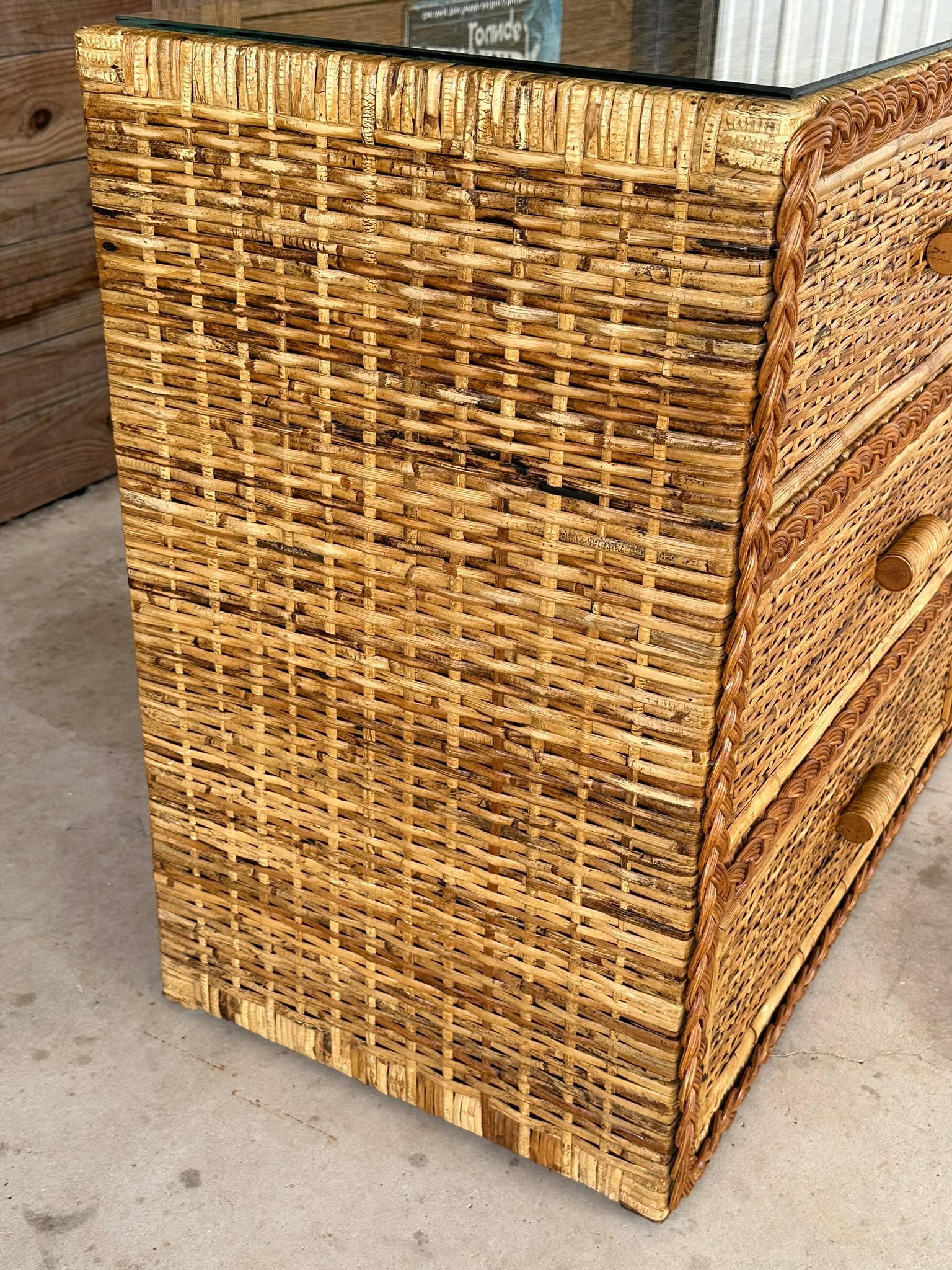 Vintage Coastal Boho Rattan Weave Braided Refinished Six Drawer Dresser 1