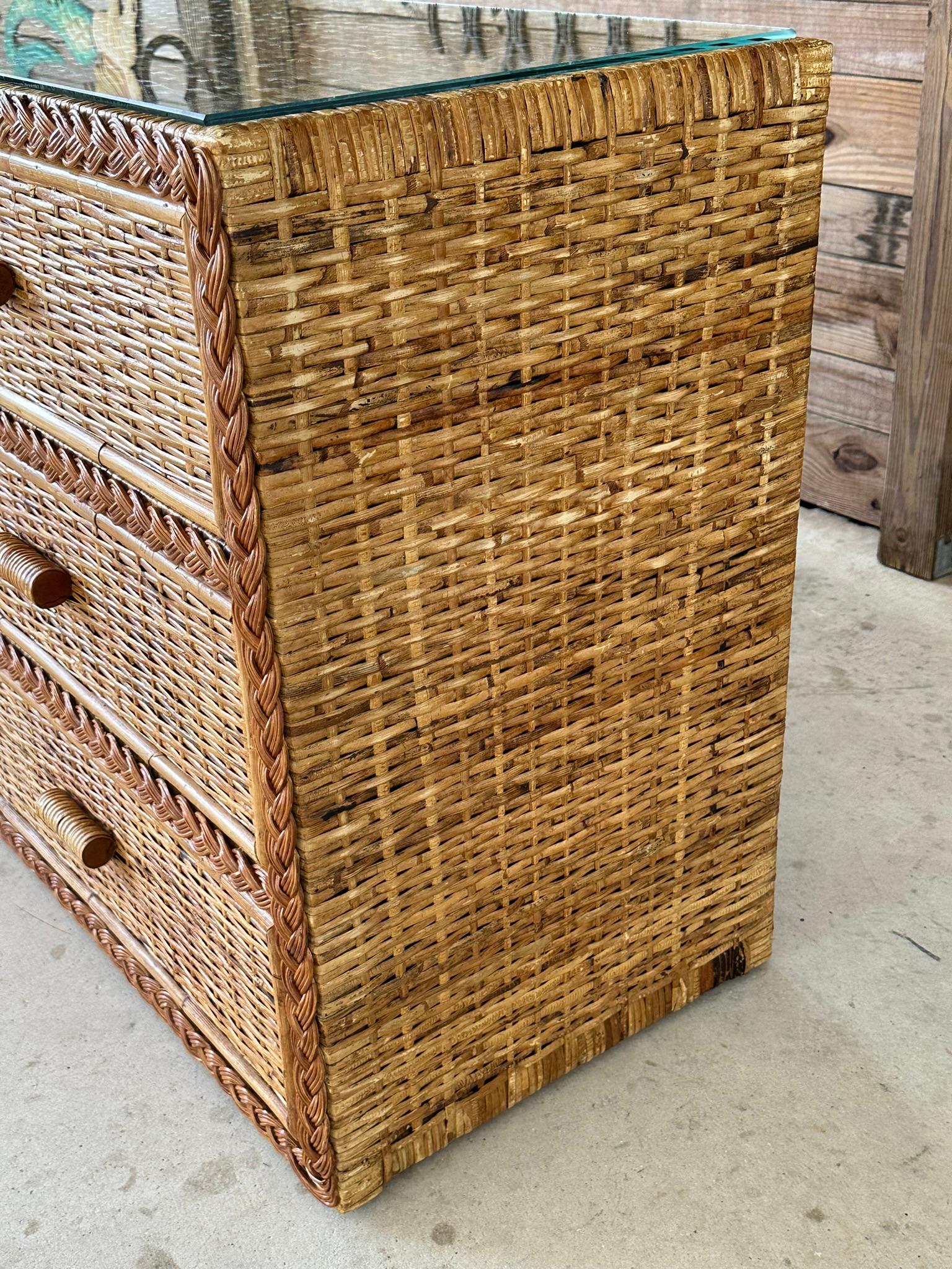 Vintage Coastal Boho Rattan Weave Braided Refinished Six Drawer Dresser 4