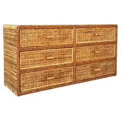 Vintage Coastal Boho Rattan Weave Braided Refinished Six Drawer Dresser
