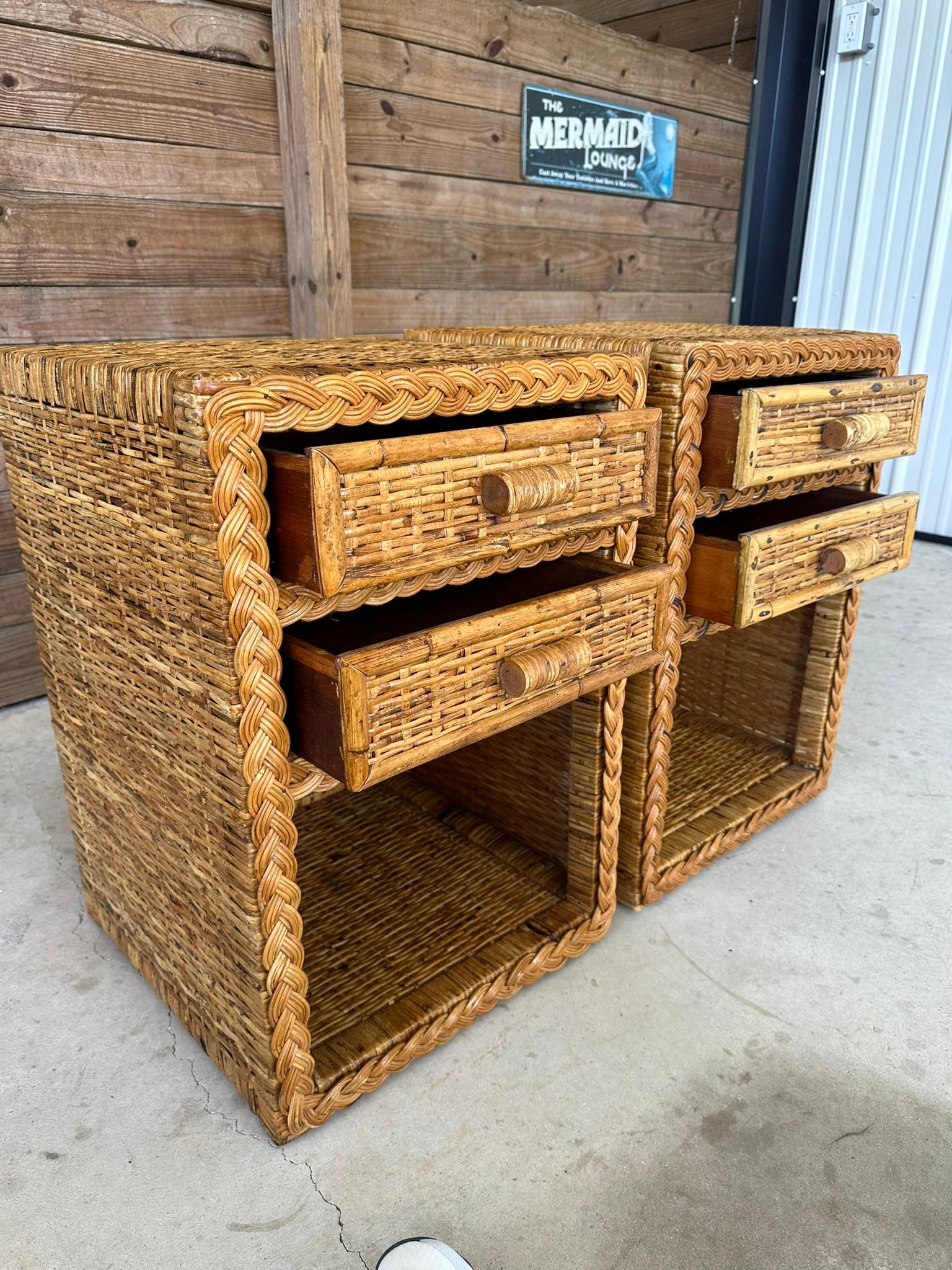 Vintage Coastal Boho Rattan Weave Braided Two Drawer Refinished Nightstands-Pair 4