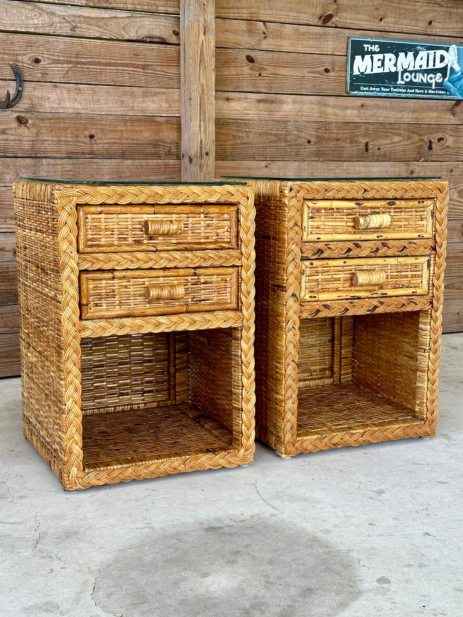 Vintage Coastal Boho Rattan Weave Braided Two Drawer Refinished Nightstands-Pair 5