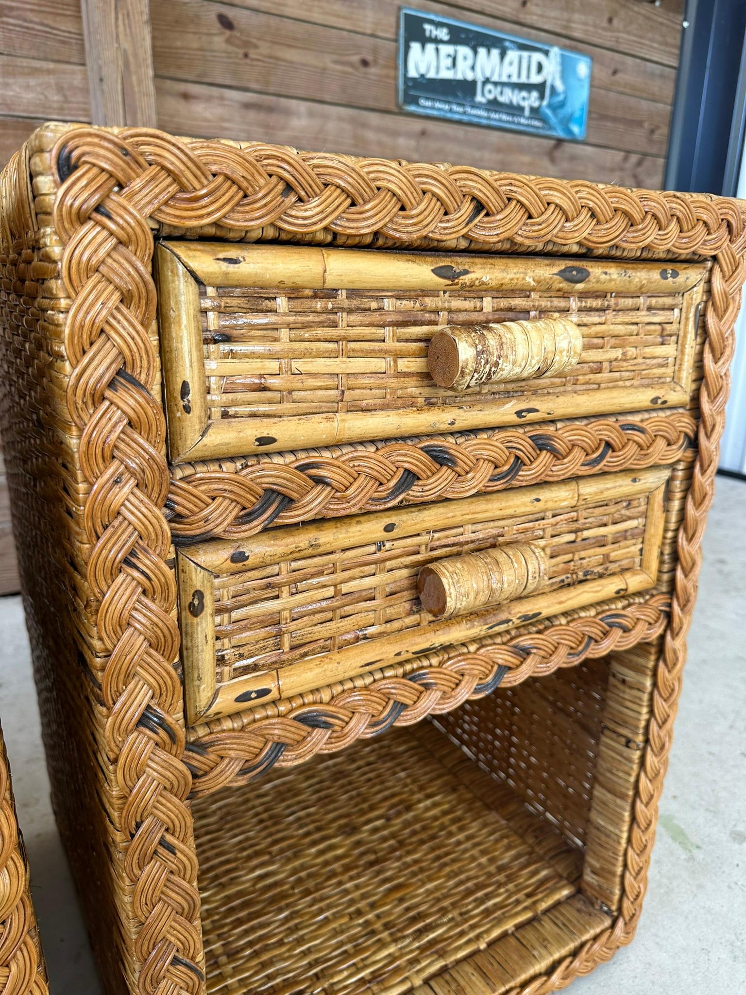 Vintage Coastal Boho Rattan Weave Braided Two Drawer Refinished Nightstands-Pair 6