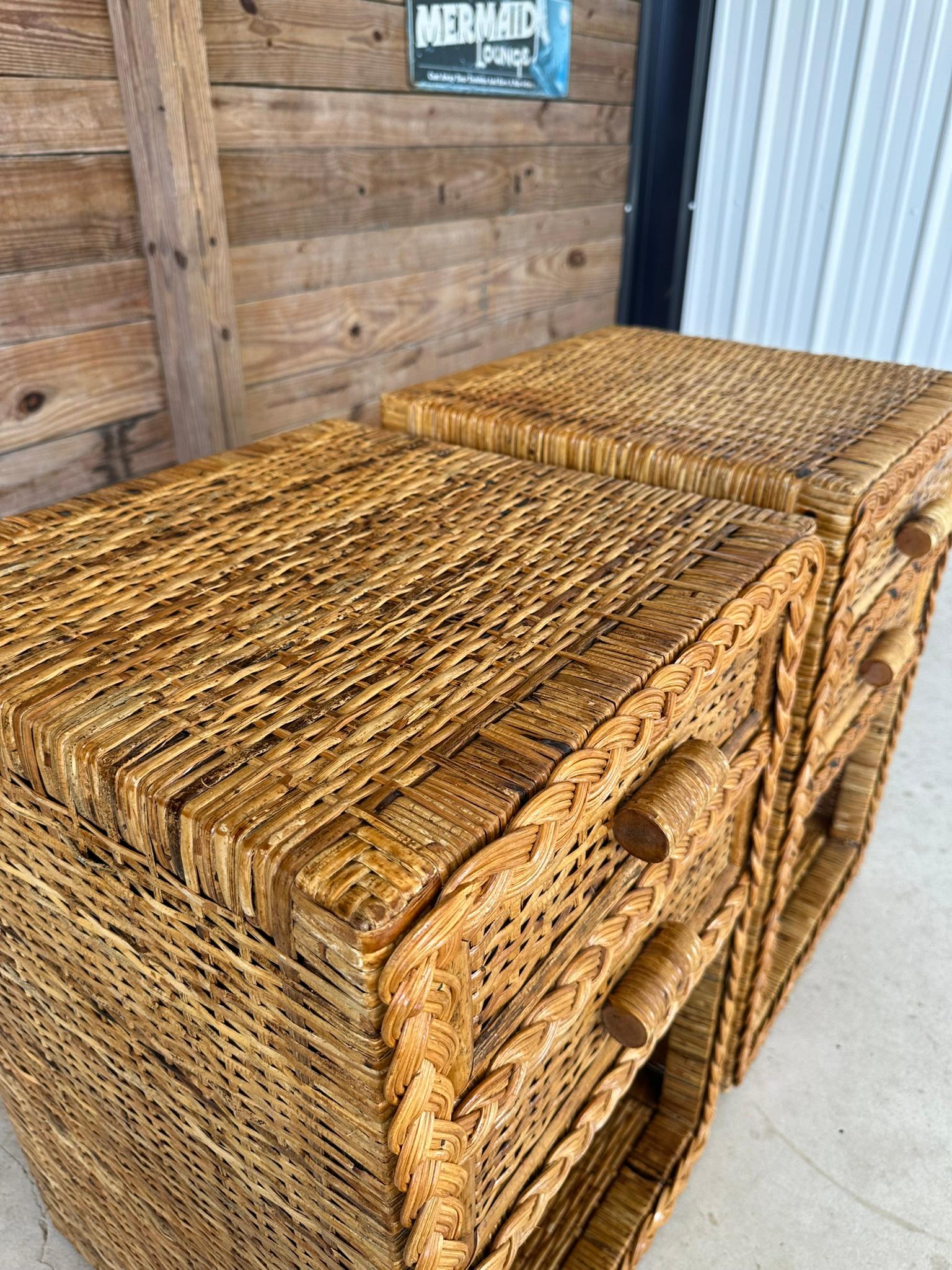 Vintage Coastal Boho Rattan Weave Braided Two Drawer Refinished Nightstands-Pair 7