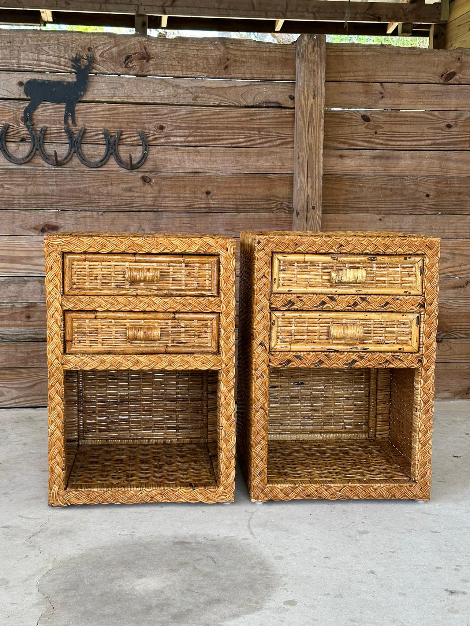 Vintage Coastal Boho Rattan Weave Braided Two Drawer Refinished Nightstands-Pair 8