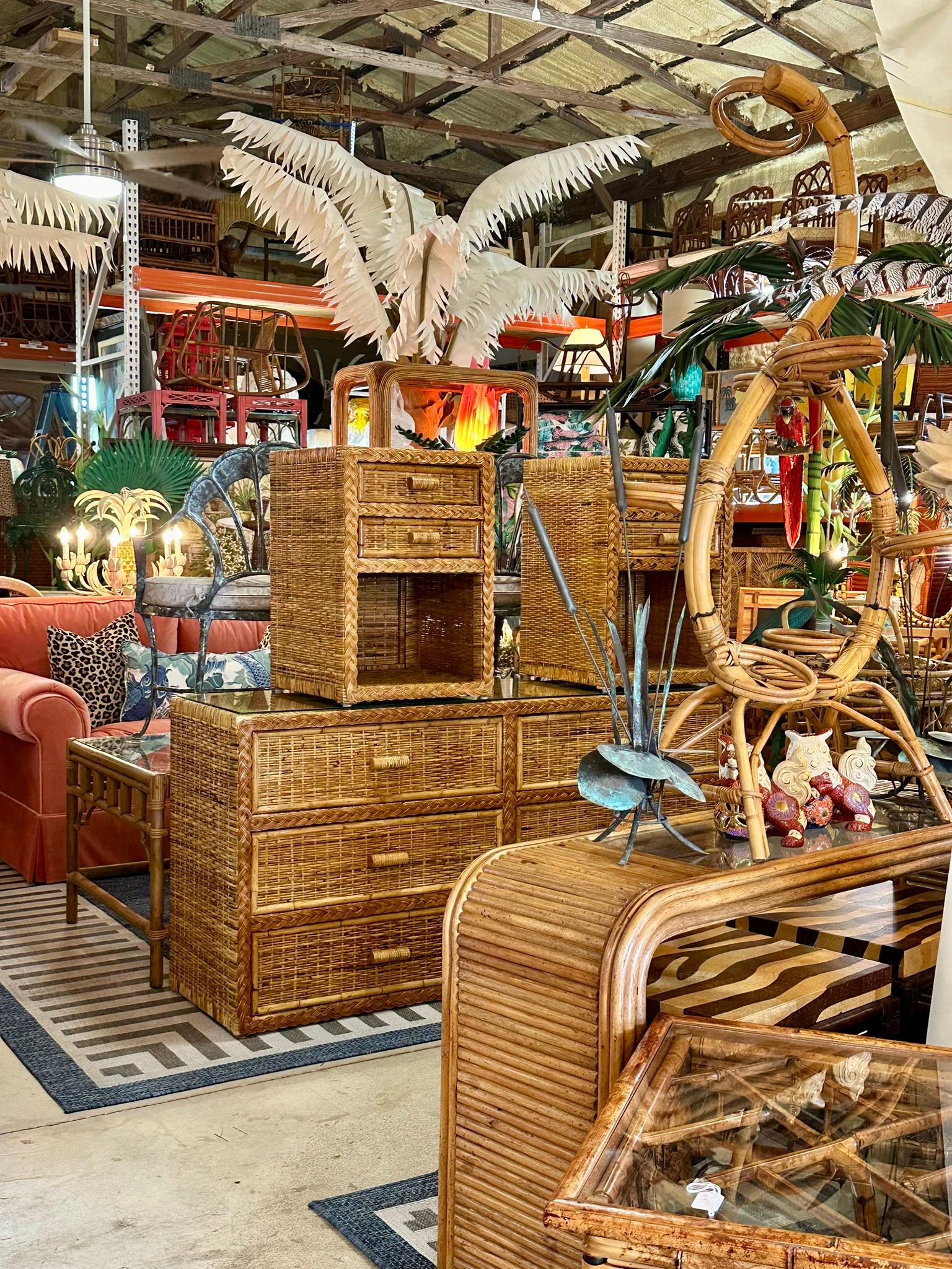 Bohemian Vintage Coastal Boho Rattan Weave Braided Two Drawer Refinished Nightstands-Pair