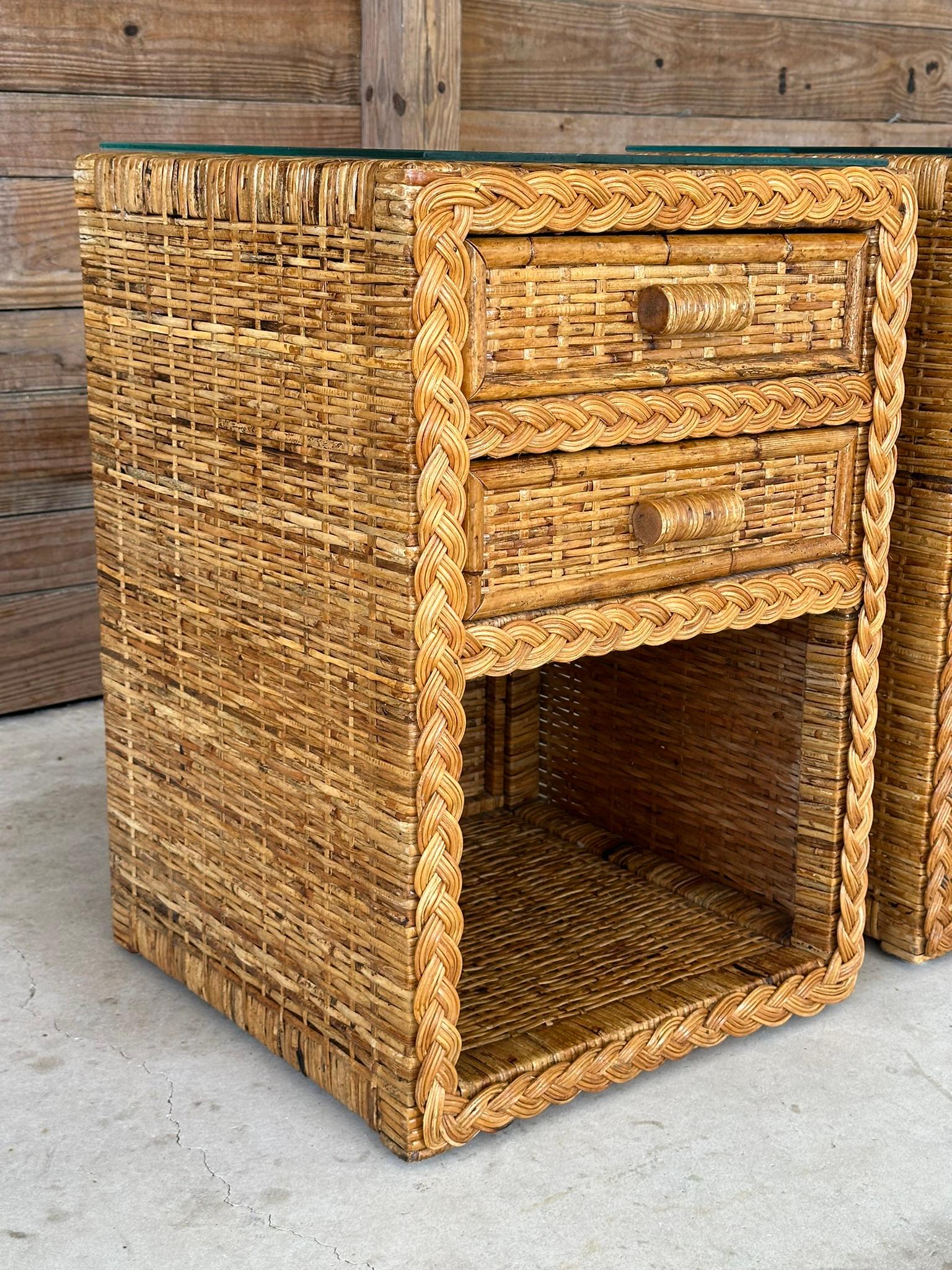 Vintage Coastal Boho Rattan Weave Braided Two Drawer Refinished Nightstands-Pair In Good Condition In North Fort Myers, FL
