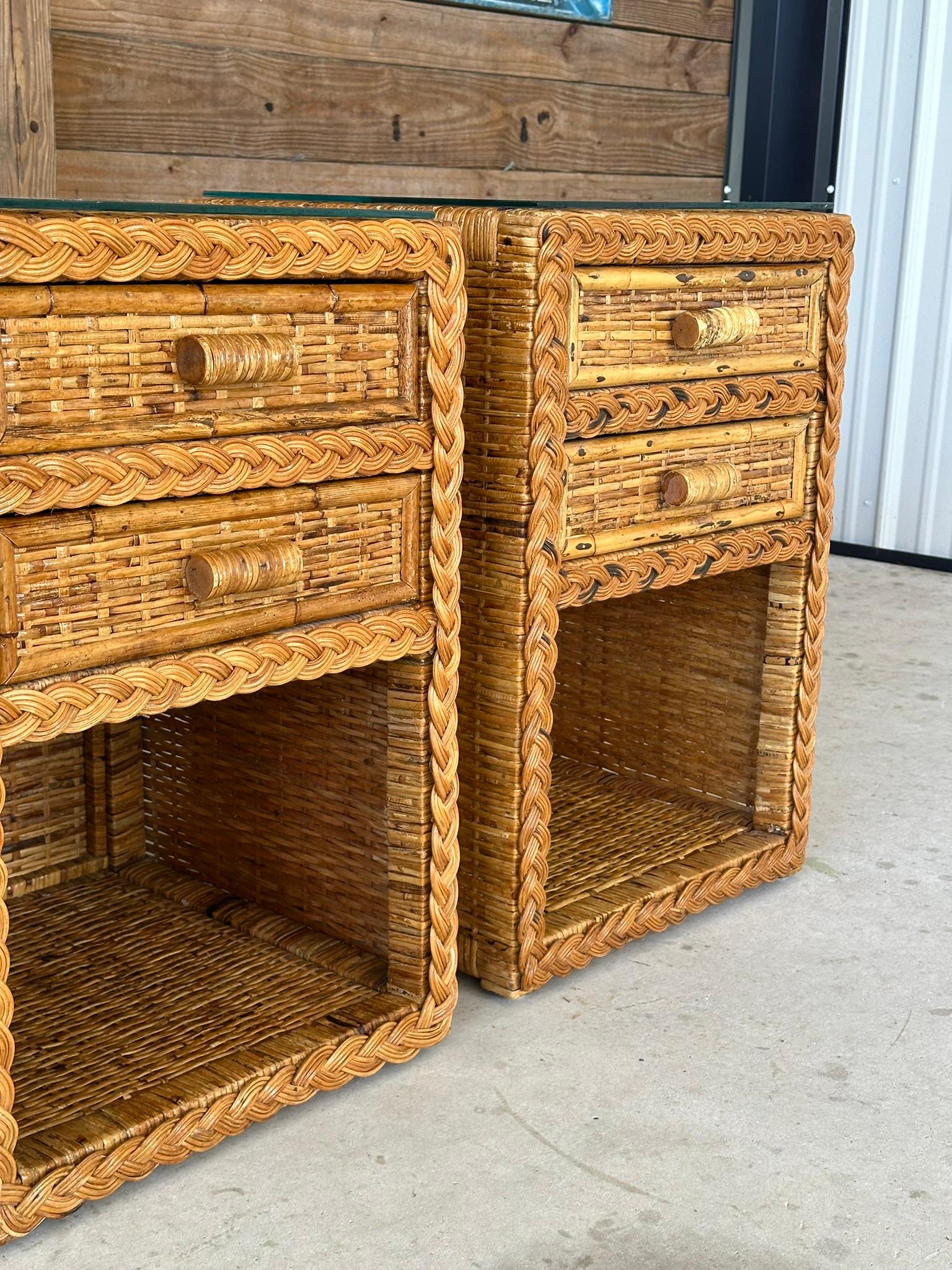 Late 20th Century Vintage Coastal Boho Rattan Weave Braided Two Drawer Refinished Nightstands-Pair