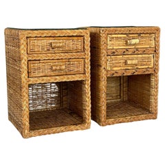 Vintage Coastal Boho Rattan Weave Braided Two Drawer Refinished Nightstands-Pair