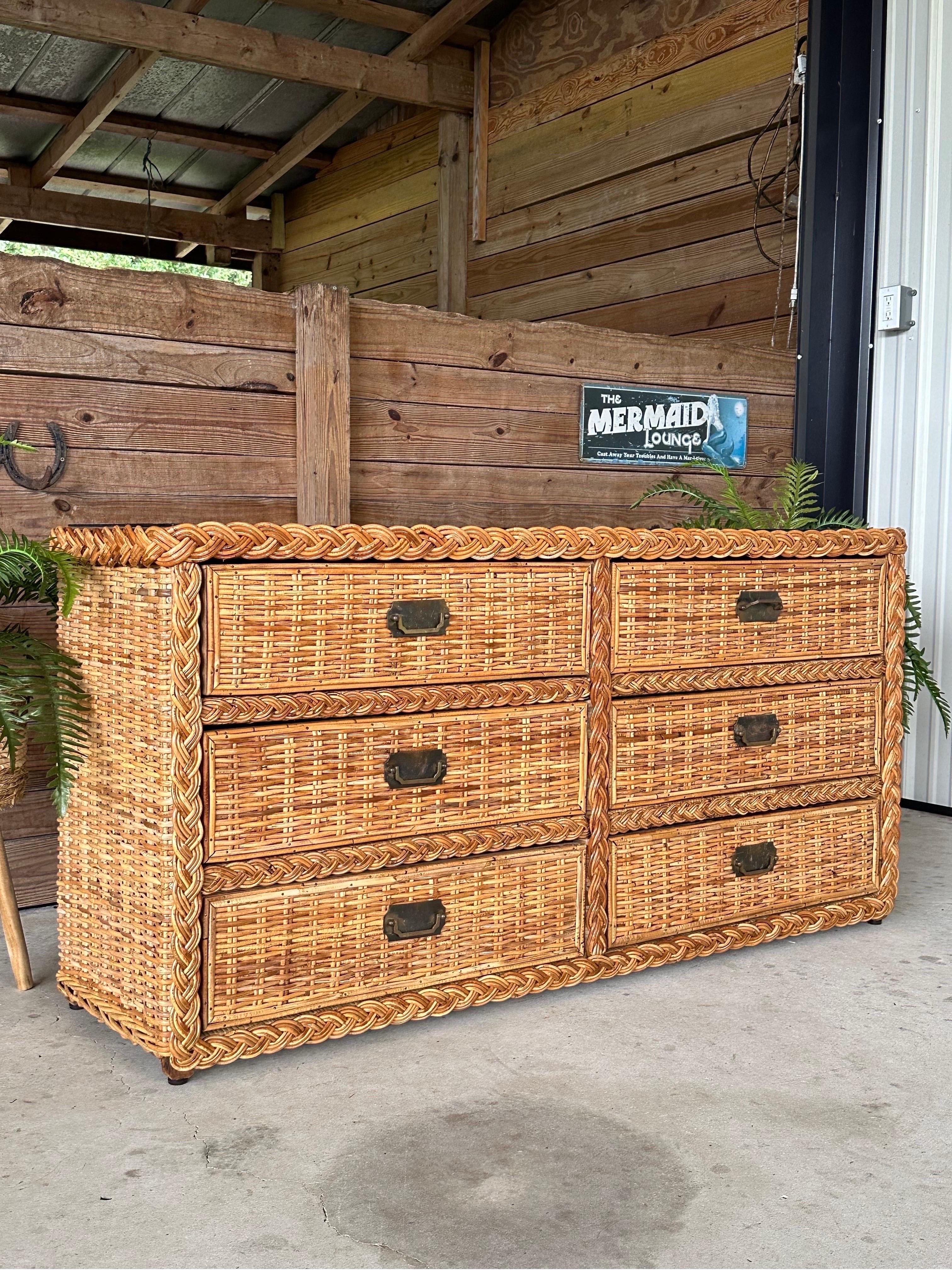 Vintage boho costiero Rifinito Grande Intreccio Rattan Sei Cassetti Comò 3