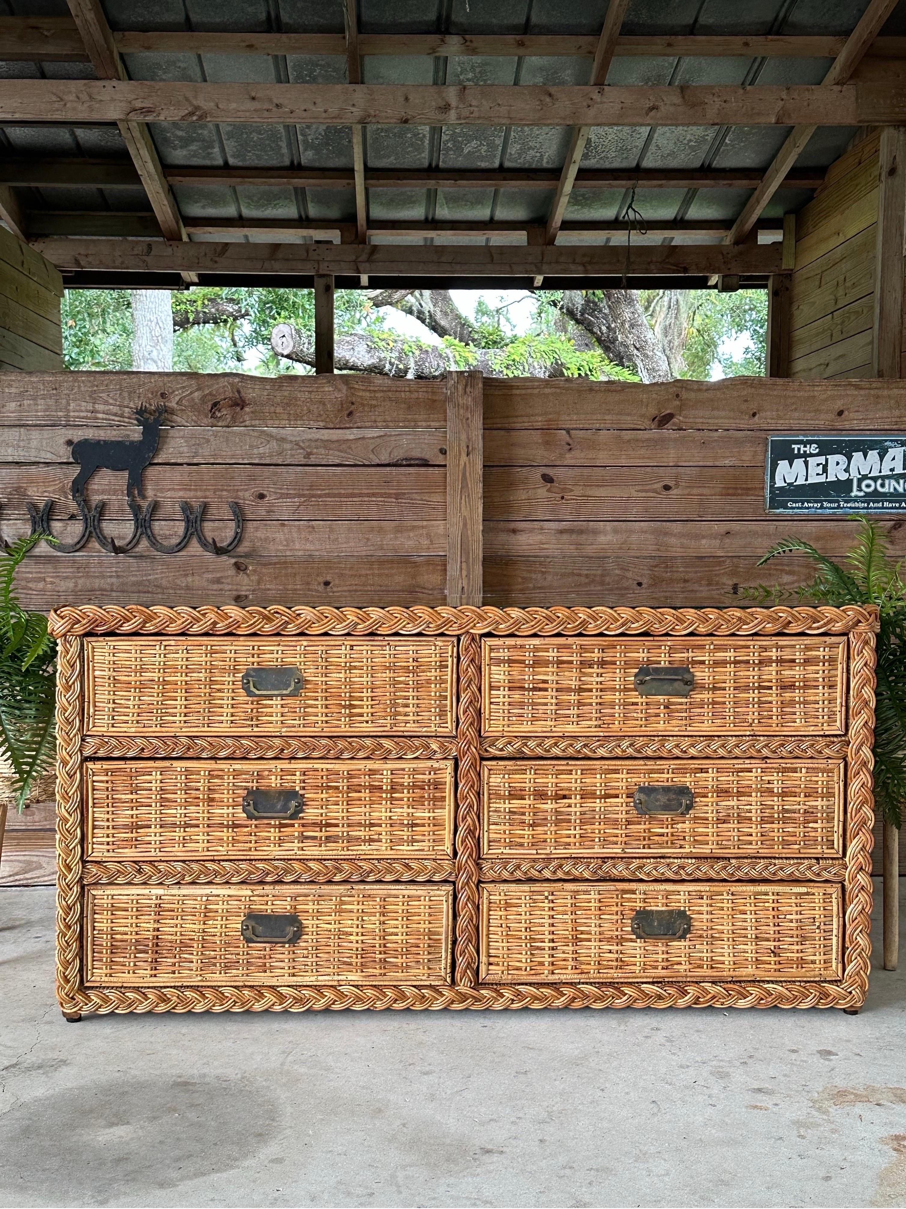 Vintage boho costiero Rifinito Grande Intreccio Rattan Sei Cassetti Comò 4