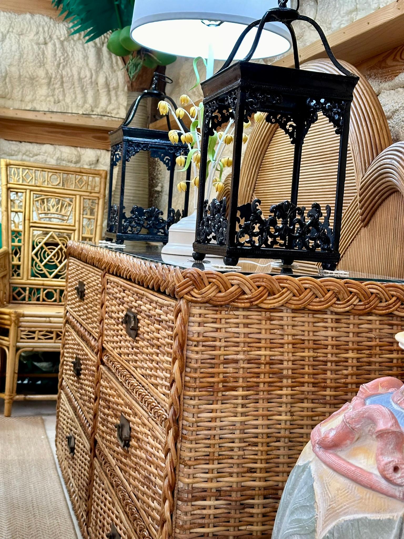 Vintage boho costiero Rifinito Grande Intreccio Rattan Sei Cassetti Comò 5