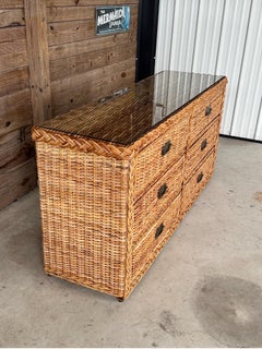 Vintage Coastal boho Refinished Large Braid Rattan Six Drawer Dresser