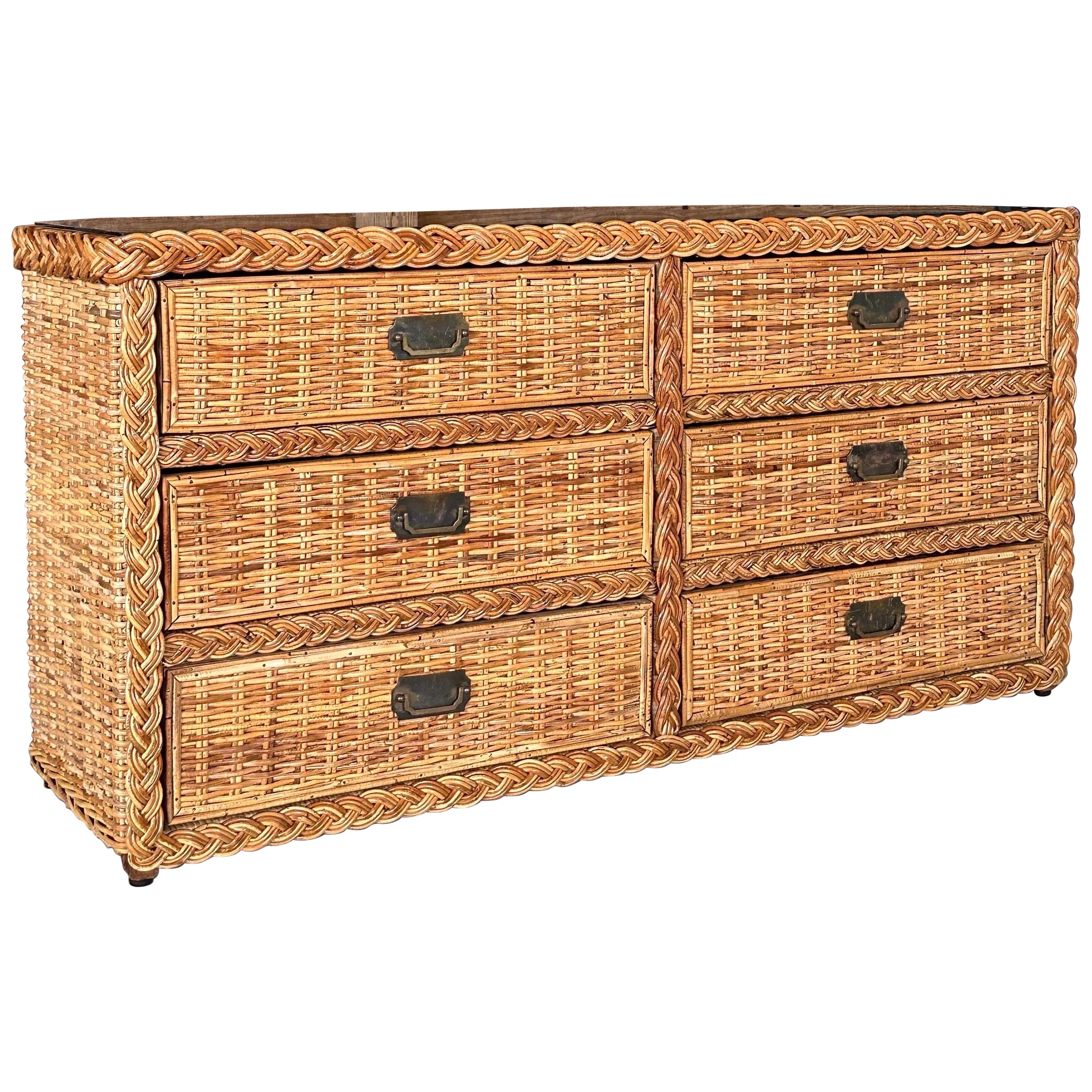 Vintage Coastal boho Refinished Large Braid Rattan Six Drawer Dresser