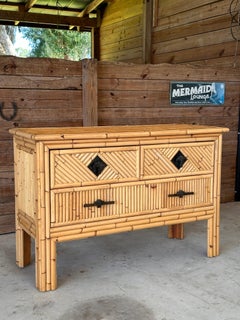 Vintage Coastal Boho Refinished Split Pencil Rattan Sideboard