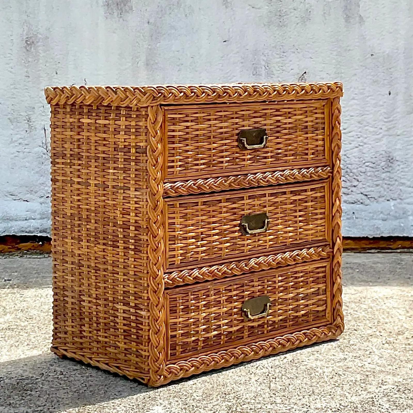 Vintage Coastal Braided Rattan Chest of Drawers In Good Condition For Sale In west palm beach, FL