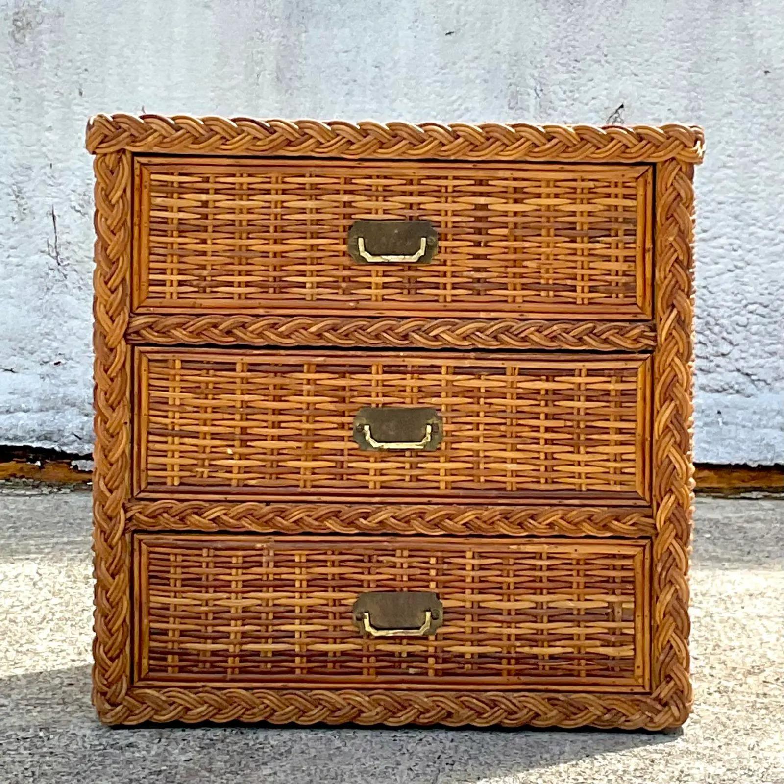 20th Century Vintage Coastal Braided Rattan Chest of Drawers For Sale
