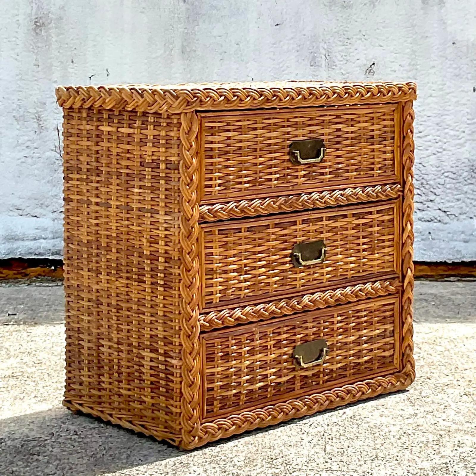 Brass Vintage Coastal Braided Rattan Chest of Drawers For Sale