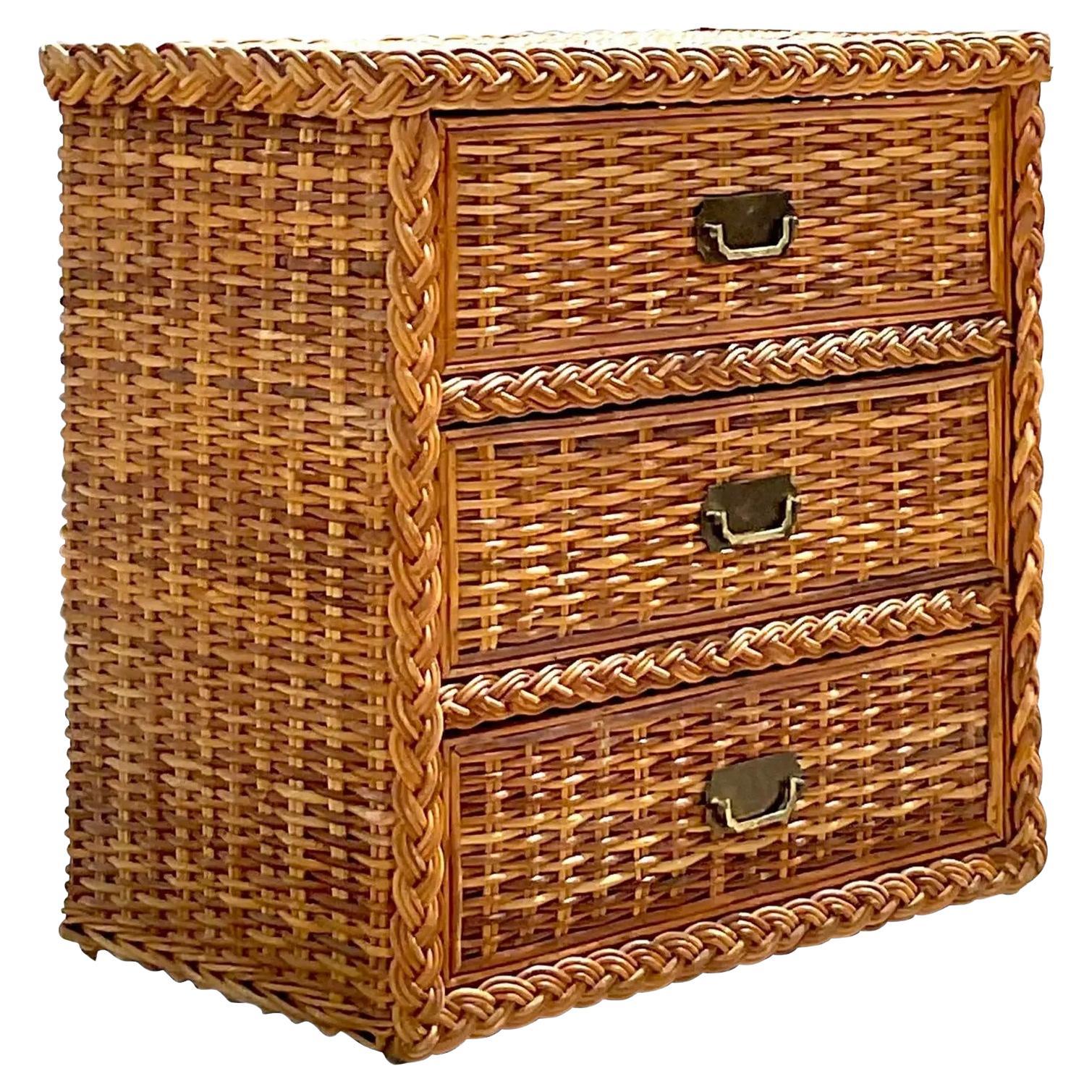 Vintage Coastal Braided Rattan Chest of Drawers For Sale